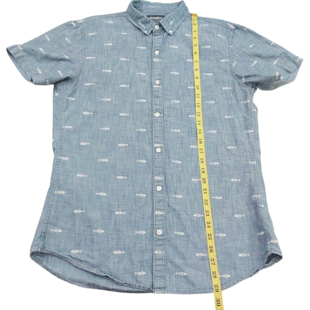 Bonobos Riviera Shirt Mens Medium Long Blue Slim Fit Fish Print Cotton Nautical - Picture 8 of 9